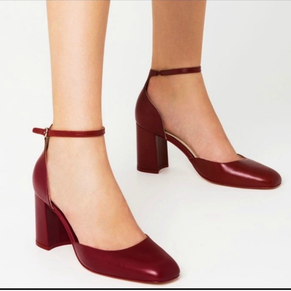 Zara red Leather Ankle Strap Block D’orsay Heels size 39